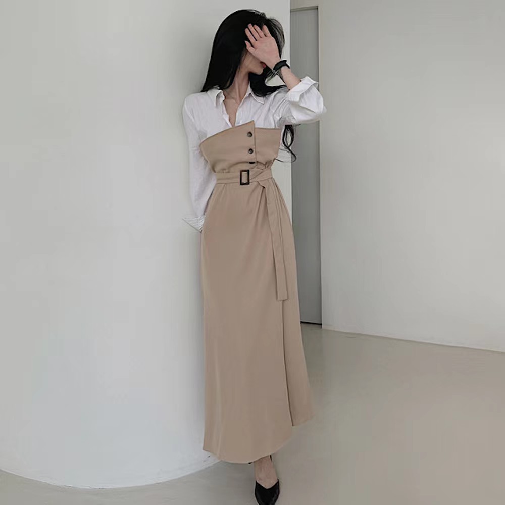 Splice lapel irregular pinched waist frenum dress