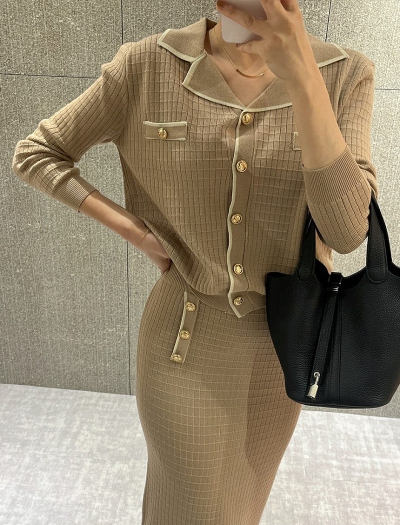 Knitted plaid Korean style lapel slim skirt a set