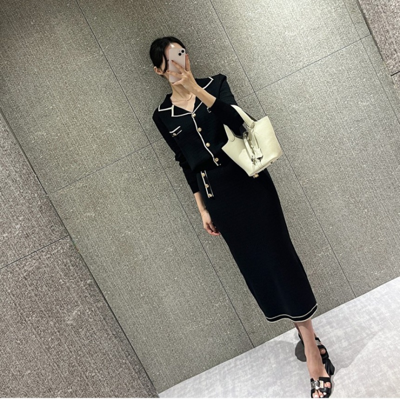 Knitted plaid Korean style lapel slim skirt a set