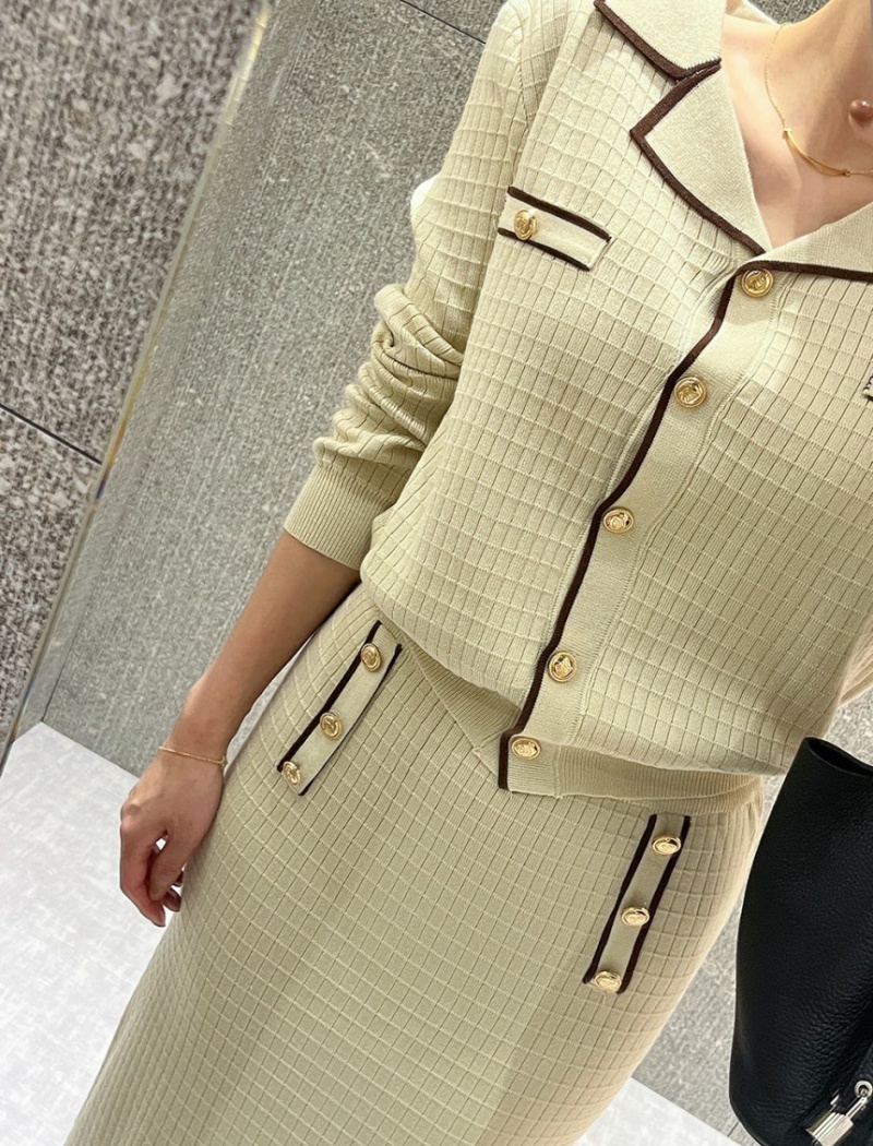 Knitted plaid Korean style lapel slim skirt a set