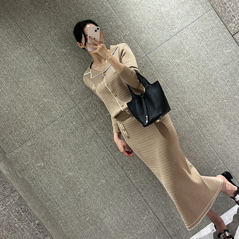 Knitted plaid Korean style lapel slim skirt a set