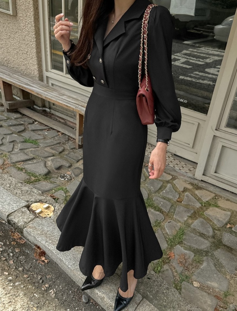 Long sleeve temperament niche lapel Korean style dress