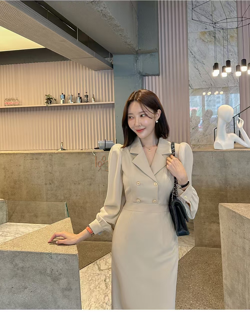 Long sleeve temperament niche lapel Korean style dress