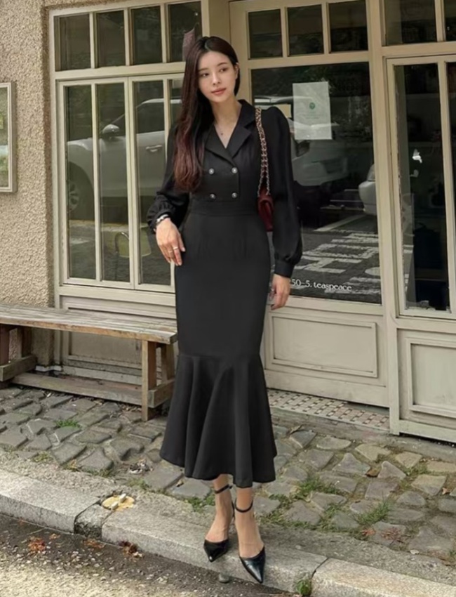 Long sleeve temperament niche lapel Korean style dress