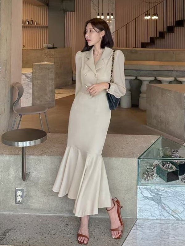 Long sleeve temperament niche lapel Korean style dress