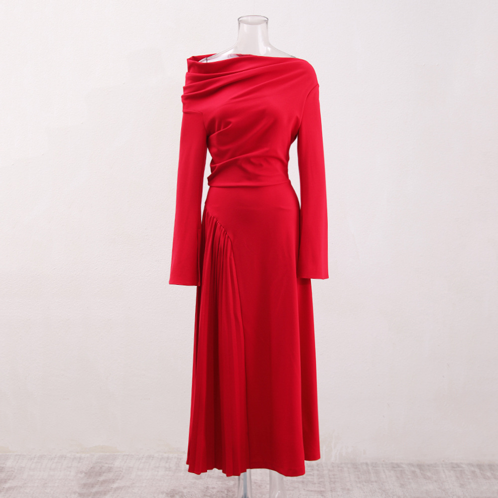 Oblique collar strapless long dress pleated dress for women