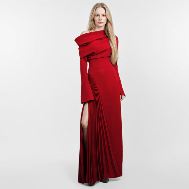 Oblique collar strapless long dress pleated dress for women