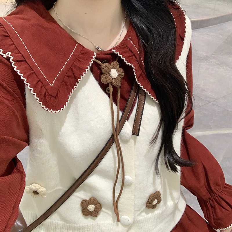 Autumn doll collar dress knitted slim waistcoat 2pcs set