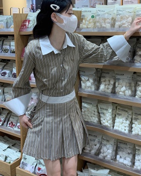 Pleated high waist shirt lazy college style skirt 2pcs set