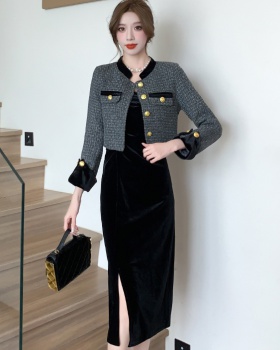 Cake winter short dress velvet chanelstyle coat 2pcs set