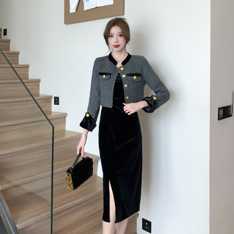 Cake winter short dress velvet chanelstyle coat 2pcs set