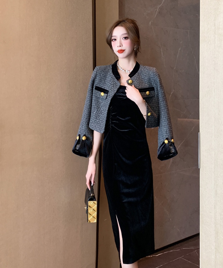 Cake winter short dress velvet chanelstyle coat 2pcs set