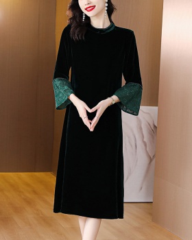 Temperament splice noble lace autumn velvet dress