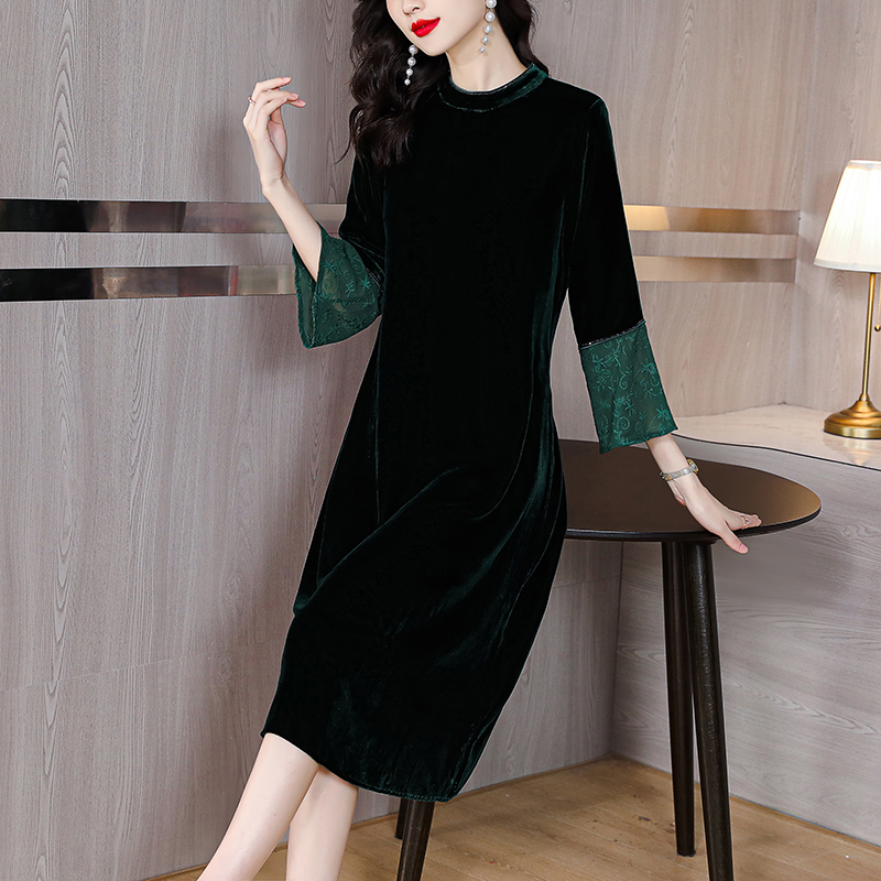 Temperament splice noble lace autumn velvet dress