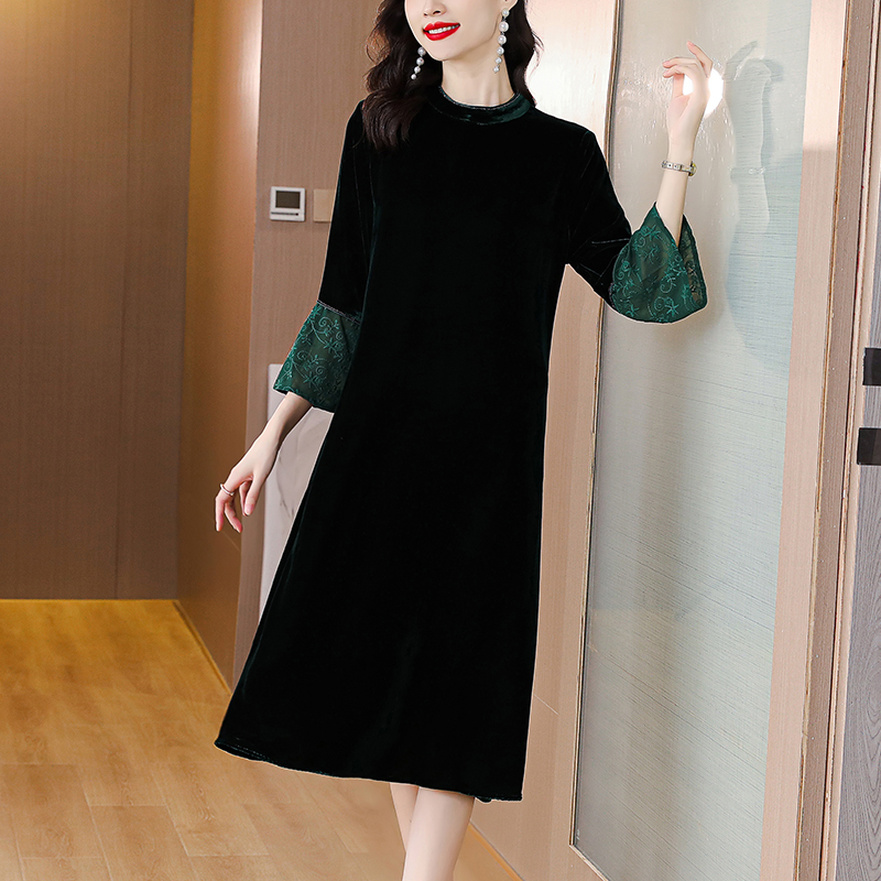 Temperament splice noble lace autumn velvet dress