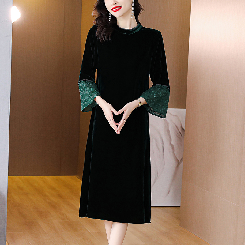 Temperament splice noble lace autumn velvet dress