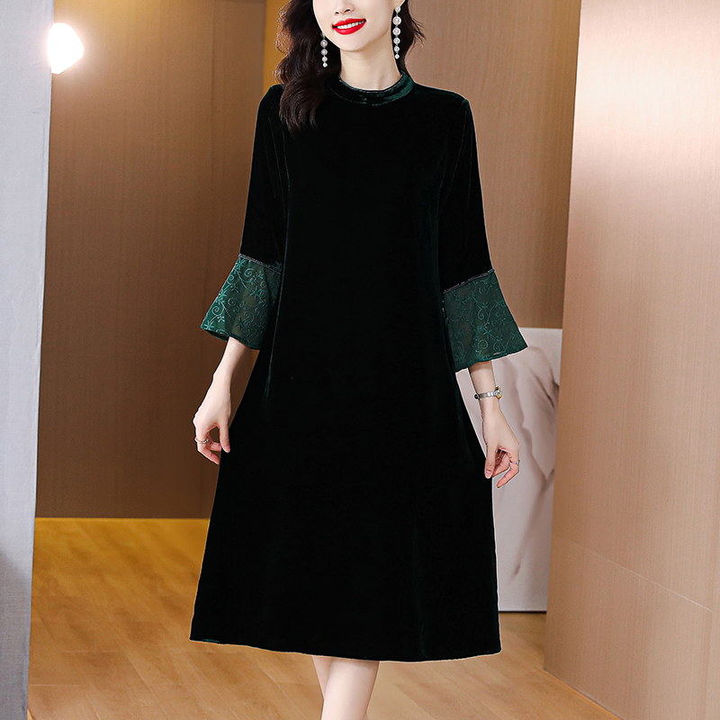 Temperament splice noble lace autumn velvet dress