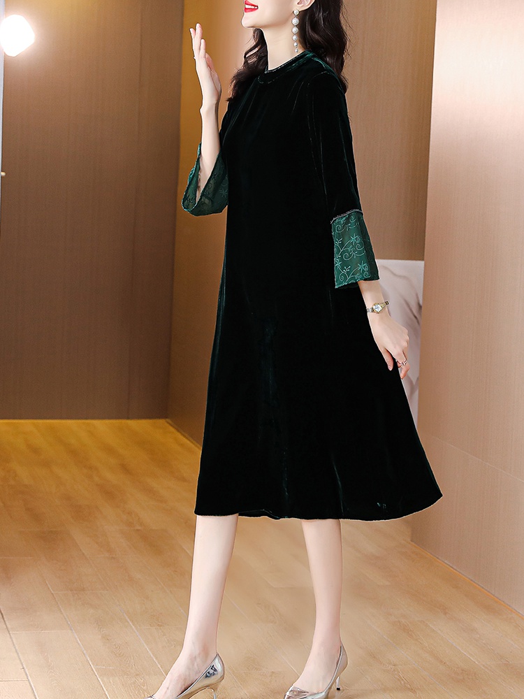 Temperament splice noble lace autumn velvet dress