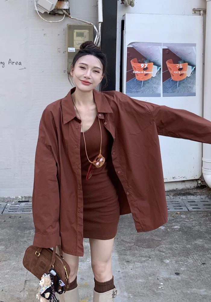 Retro loose dress Western style shirt 2pcs set