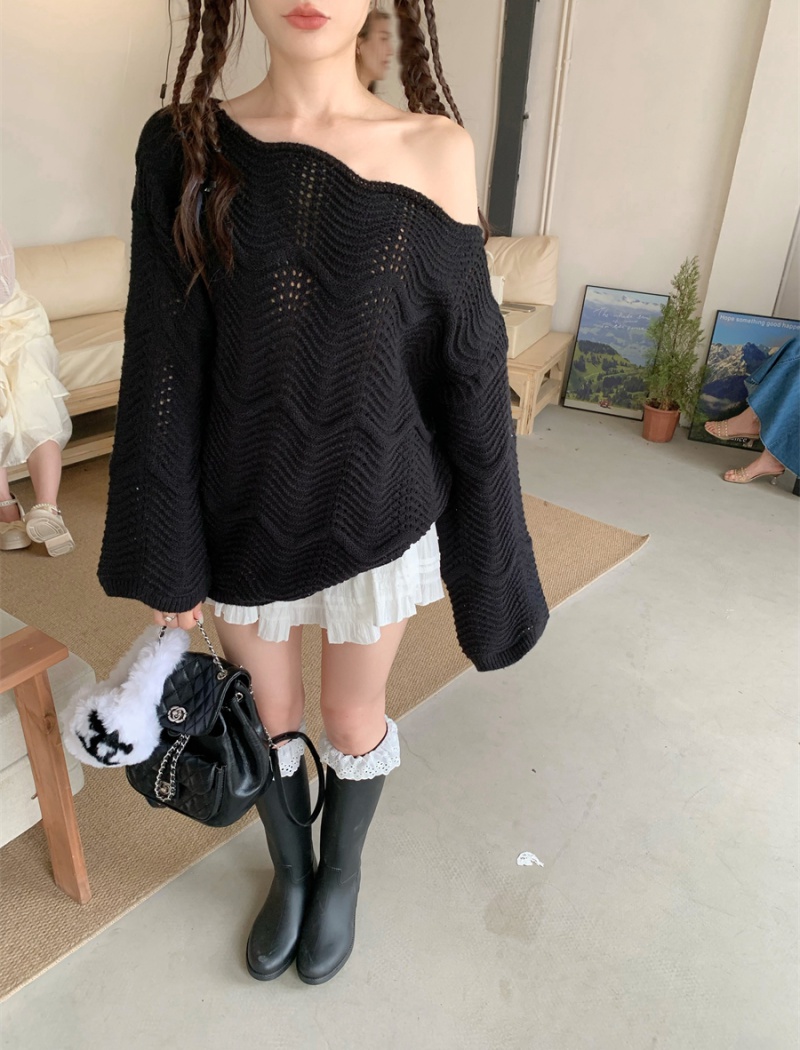 Long sleeve slim loose show young pure knitted black sweater