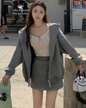 Gray package hip Casual coat autumn high waist hoodie a set