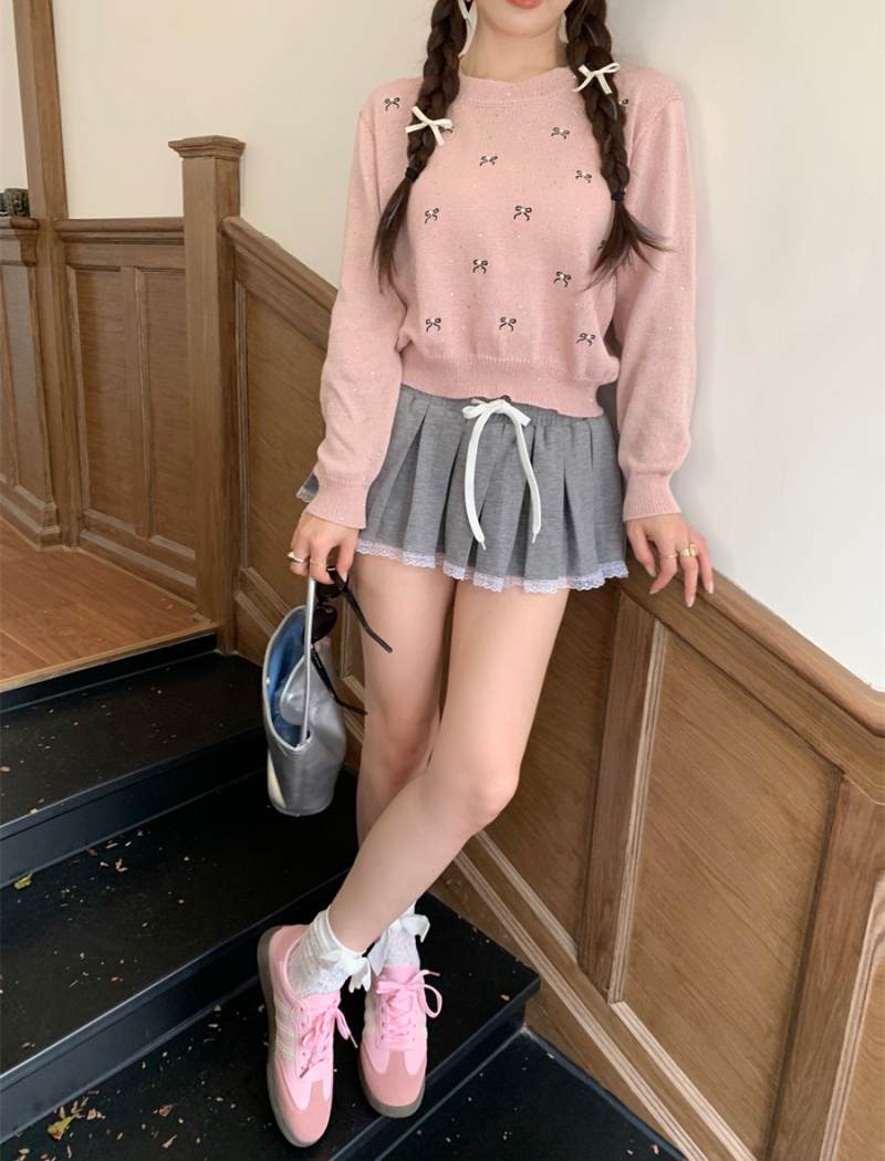 Pullover round neck pink knitted thin bow short sweater