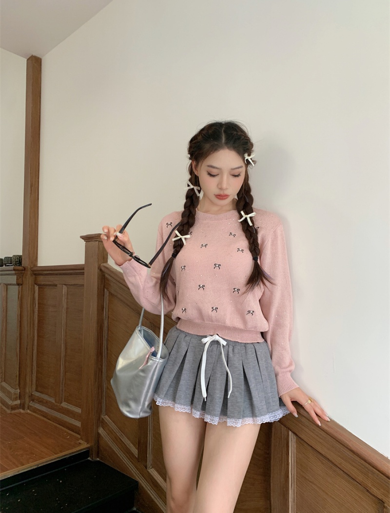 Pullover round neck pink knitted thin bow short sweater