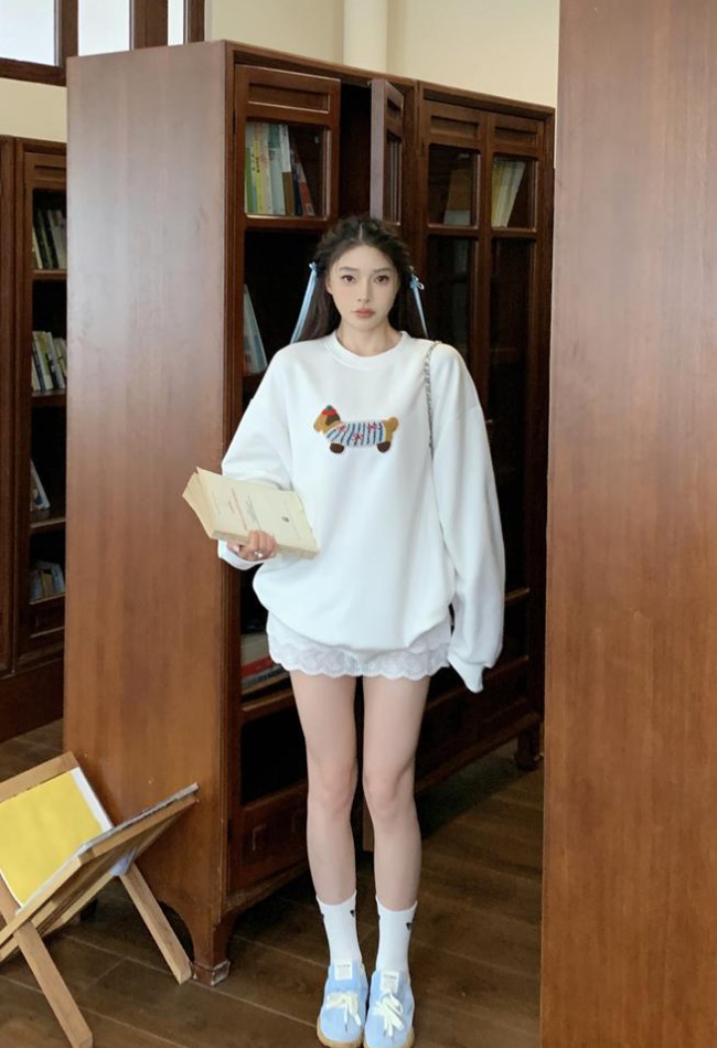 Round neck loose white thin hoodie not slim autumn lazy tops