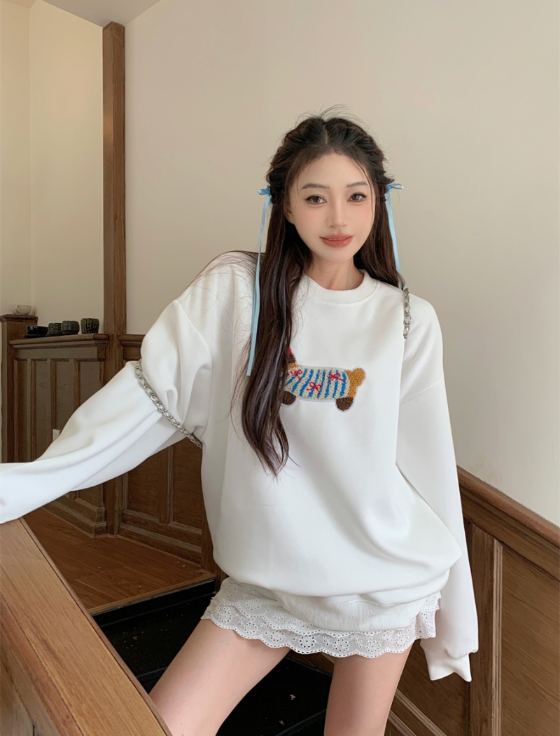 Round neck loose white thin hoodie not slim autumn lazy tops