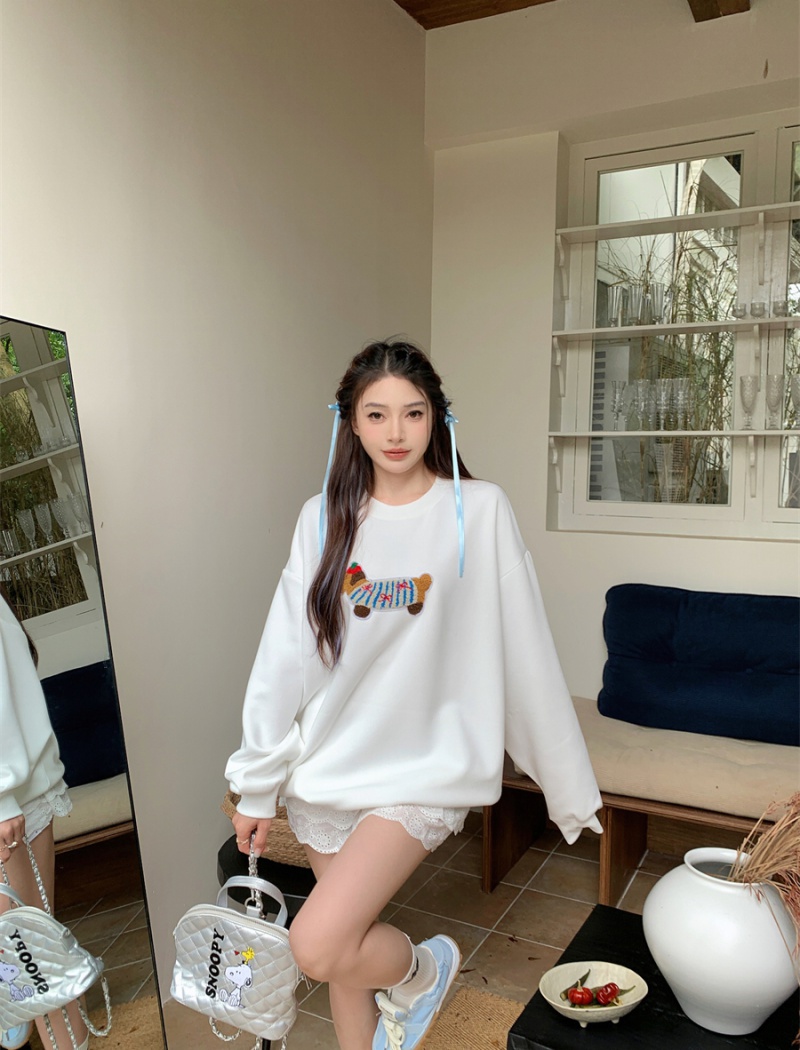 Round neck loose white thin hoodie not slim autumn lazy tops