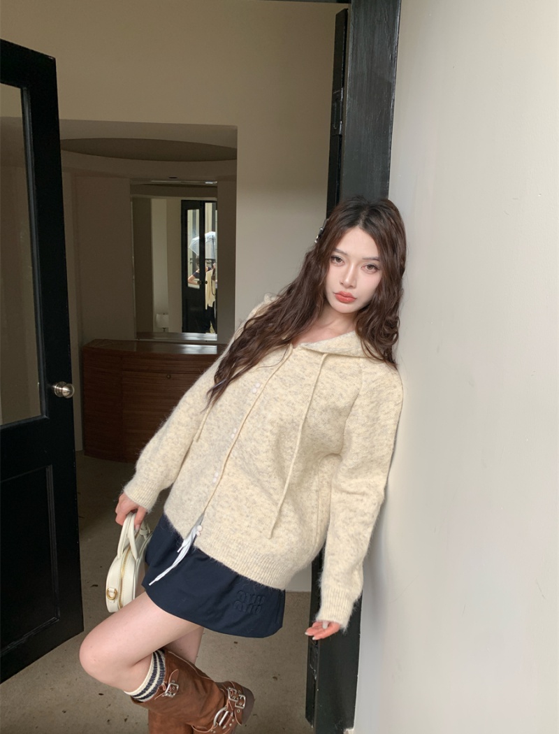 Knitted autumn hooded tops loose slim sweater