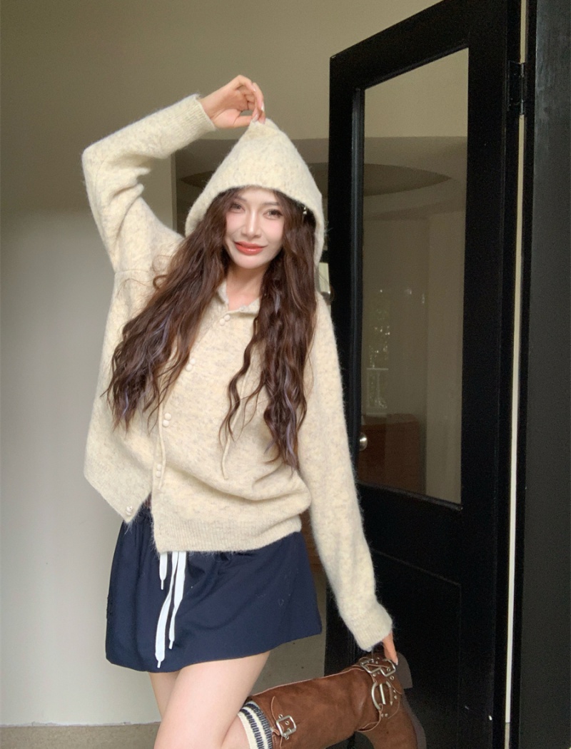 Knitted autumn hooded tops loose slim sweater