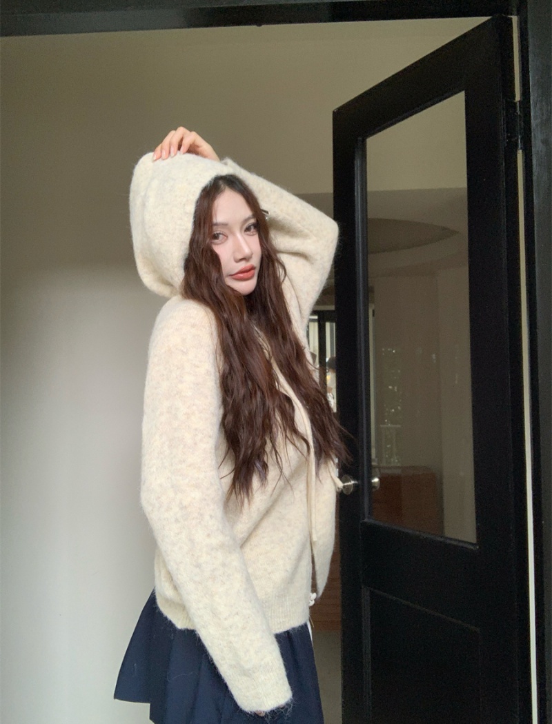 Knitted autumn hooded tops loose slim sweater