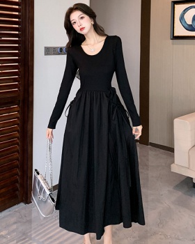 Pocket drawstring pinched waist autumn drape lazy dress