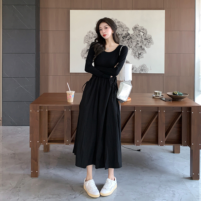 Pocket drawstring pinched waist autumn drape lazy dress