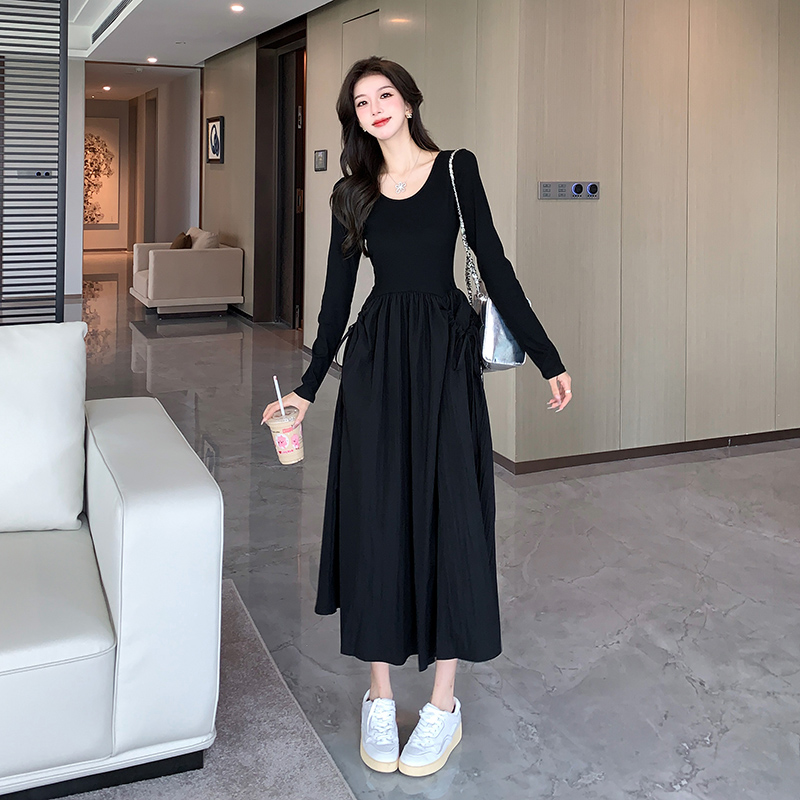 Pocket drawstring pinched waist autumn drape lazy dress