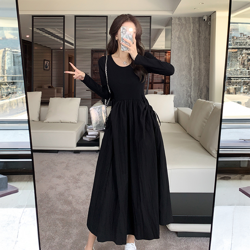 Pocket drawstring pinched waist autumn drape lazy dress