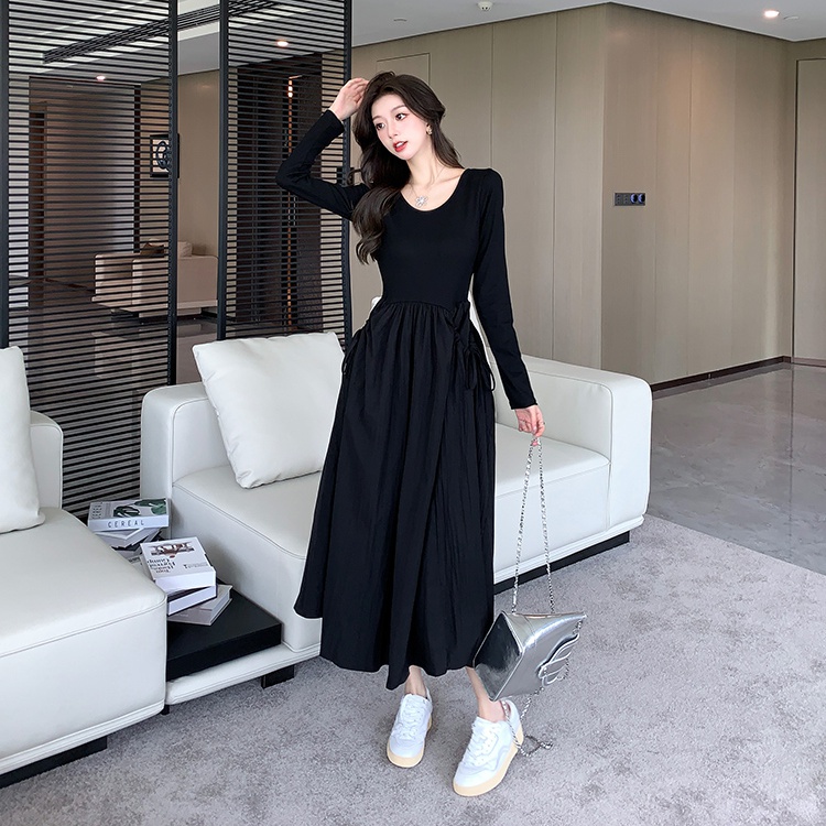 Pocket drawstring pinched waist autumn drape lazy dress