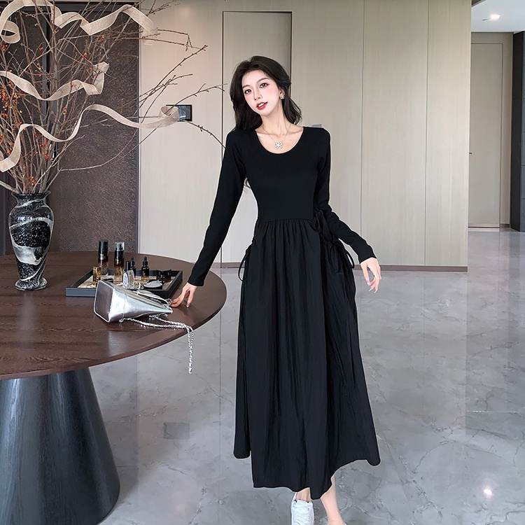 Pocket drawstring pinched waist autumn drape lazy dress