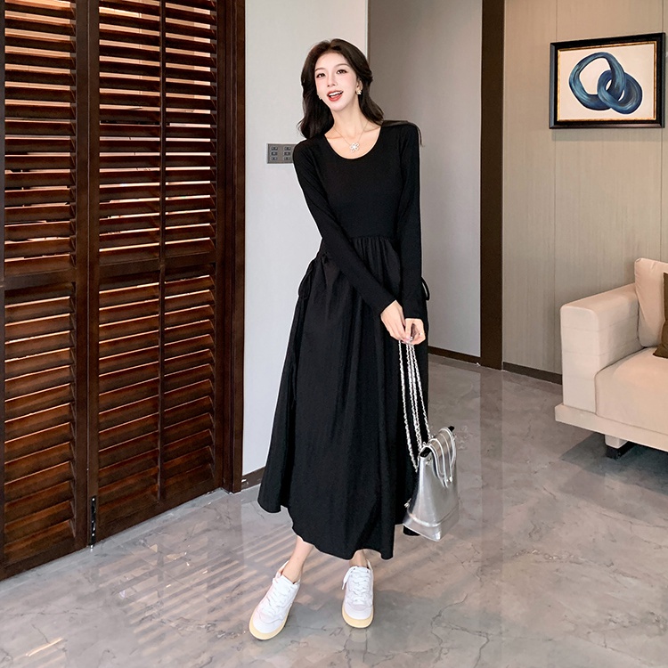 Pocket drawstring pinched waist autumn drape lazy dress