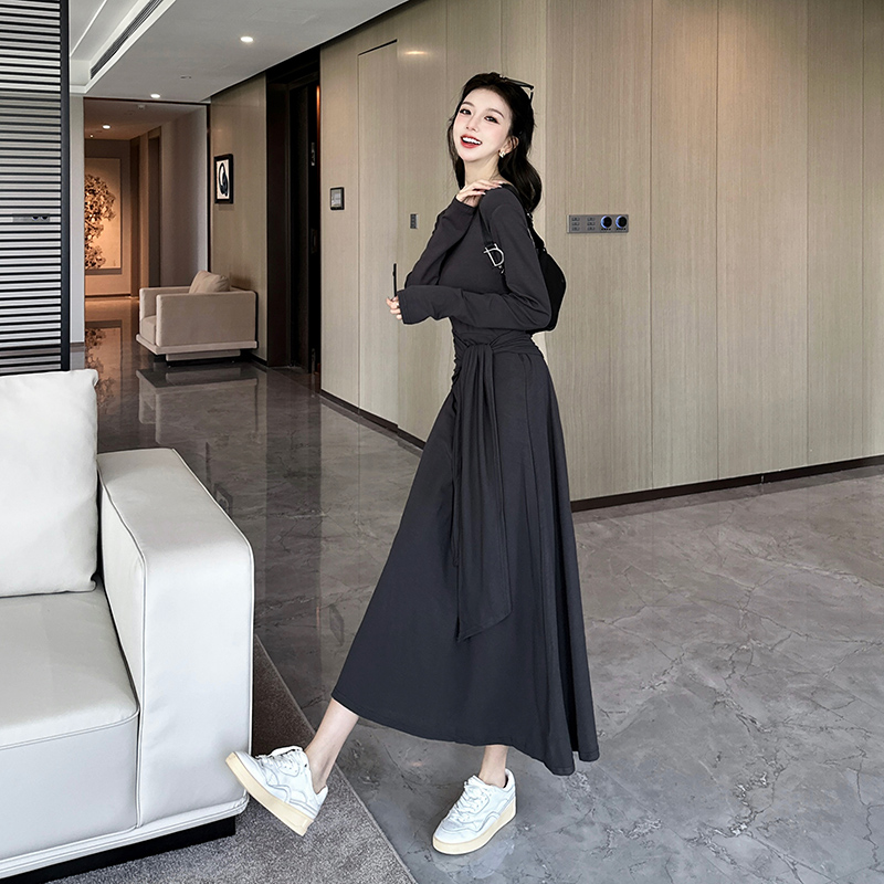 Slim Korean style long sleeve long dress Pseudo-two autumn dress