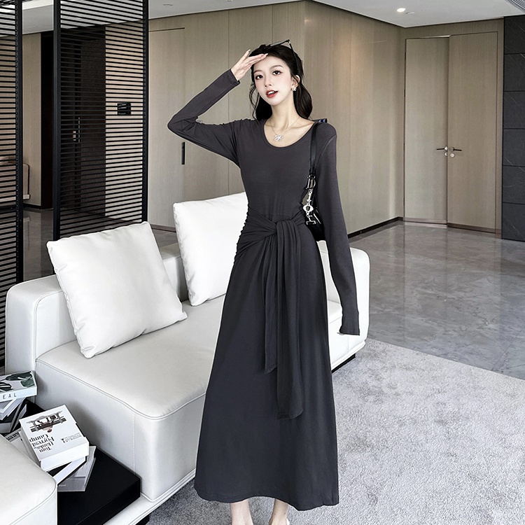 Slim Korean style long sleeve long dress Pseudo-two autumn dress