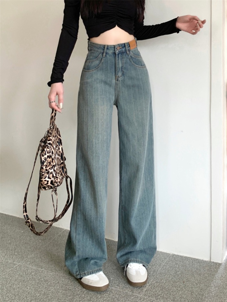 Wide leg mopping pants washed straight pants jeans for women