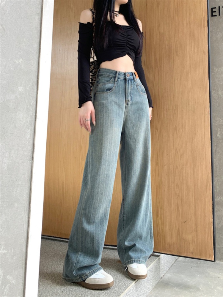 Wide leg mopping pants washed straight pants jeans for women