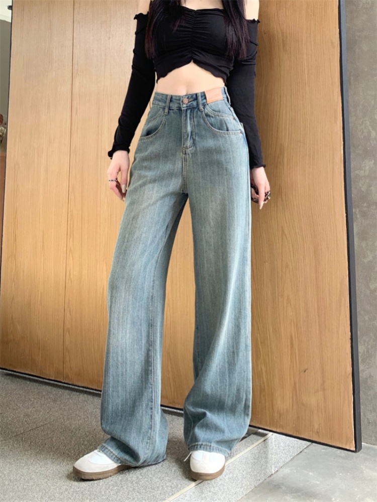 Wide leg mopping pants washed straight pants jeans for women