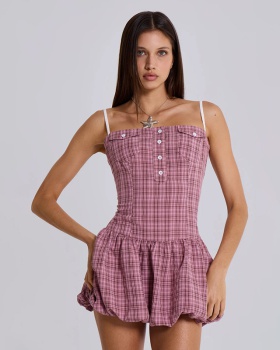 Plaid halter strap dress European style T-back for women