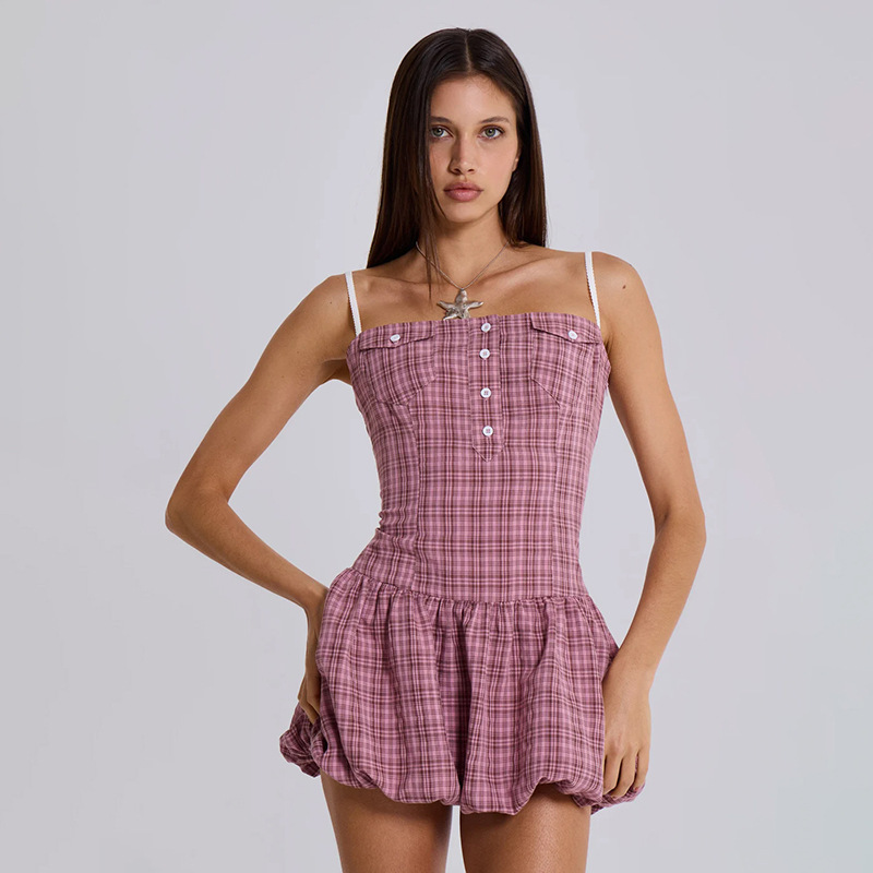 Plaid halter strap dress European style T-back for women