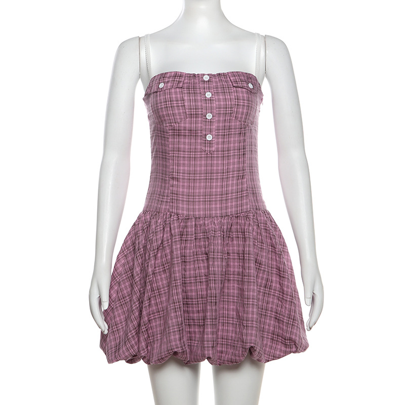 Plaid halter strap dress European style T-back for women