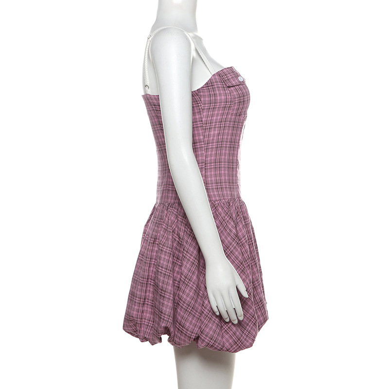 Plaid halter strap dress European style T-back for women