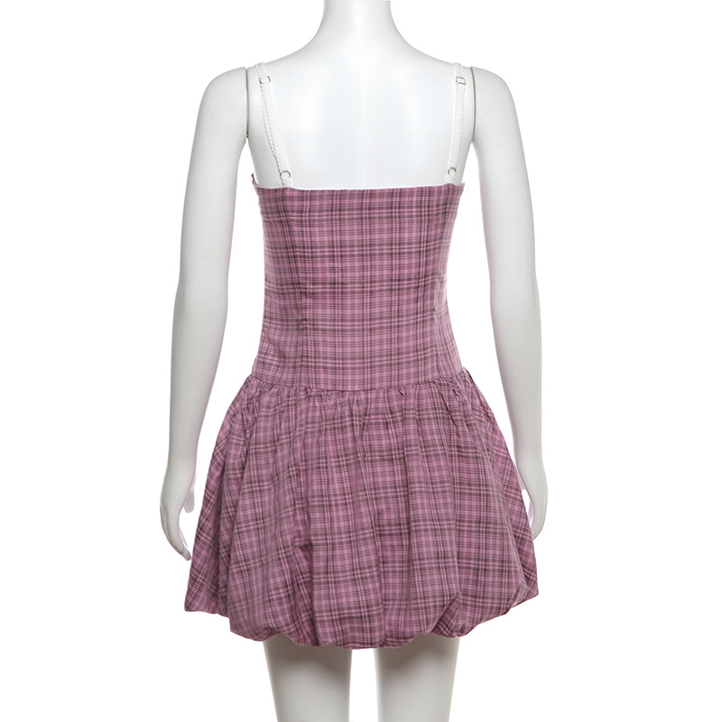 Plaid halter strap dress European style T-back for women